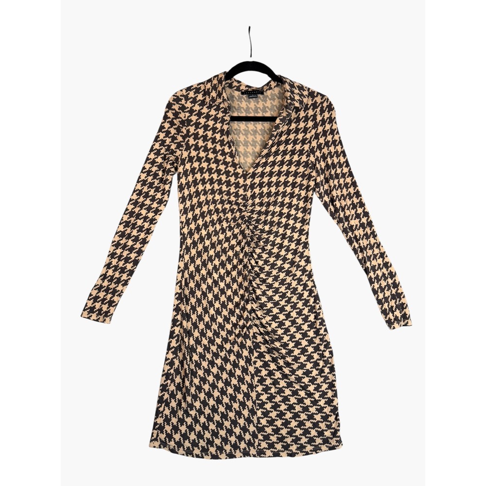 Sanctuary Women Tan Black Houndstooth Ruched V-Neck Long Sleeve Mini Dress S